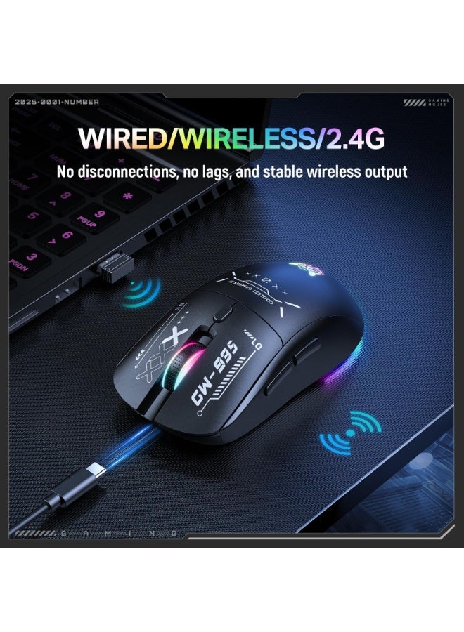 onikuma CW935 RGB Tri-Mode Wireless Gaming Mouse with 2.4GHz, Bluetooth and Wired Connectivity, 6-Level Adjustable DPI up to 12800, Ergonomic Design and Hidden USB Receiver Storage for PC and Gaming Devices (Black) - Image 4